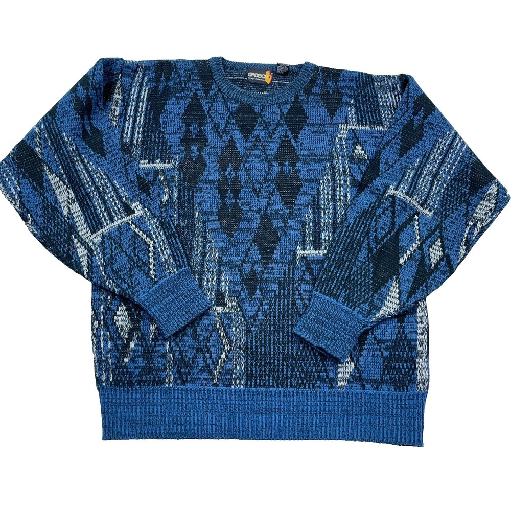 Vintage‎ Grandpa Sweater Mens Large Blue Black Geometric Crewneck 80s 90s Cosby